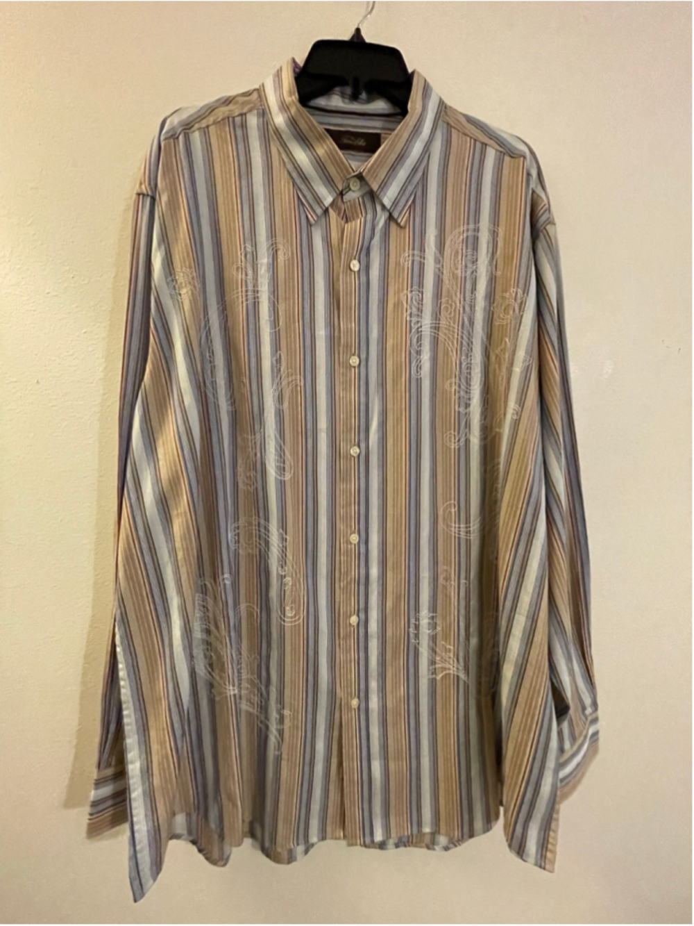 Men's Tasso Elba Casual Button Down Shirt XXL Tan Blue Striped